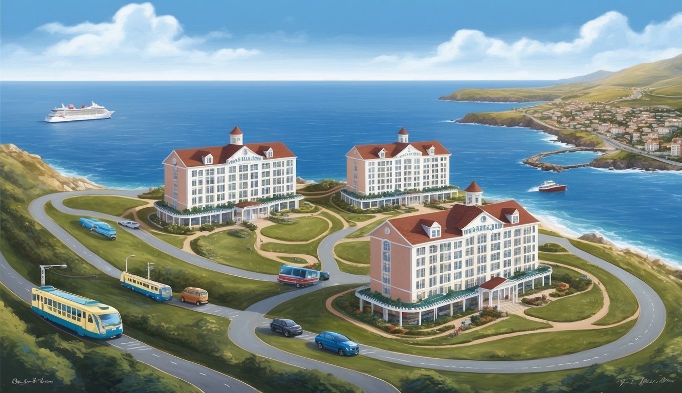 A coastal town with four hotels overlooking the sea, connected by winding roads and accessible by various modes of transportation