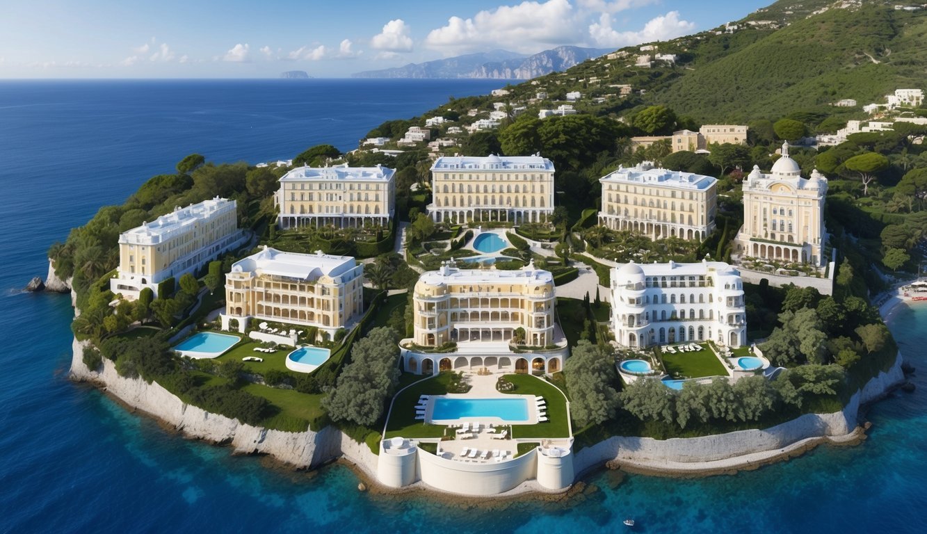 Aerial view of 6 opulent hotels nestled among lush greenery on the picturesque island of Capri, Italy