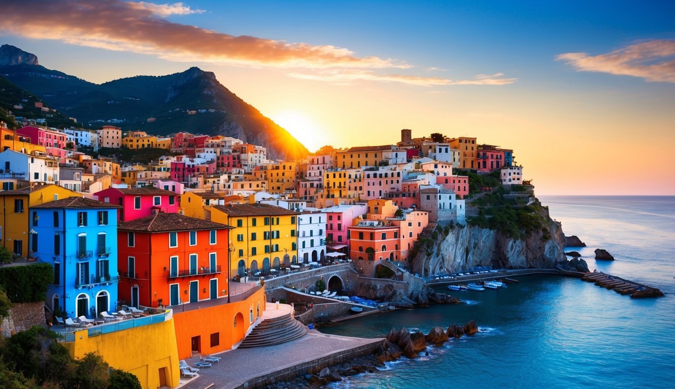 The sun sets over the colorful buildings of Positano, casting a warm glow on the picturesque hotels nestled into the cliffs overlooking the azure Mediterranean Sea
