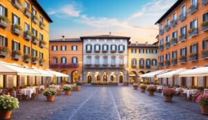 European square with restaurants, colorful buildings, and potted flowers