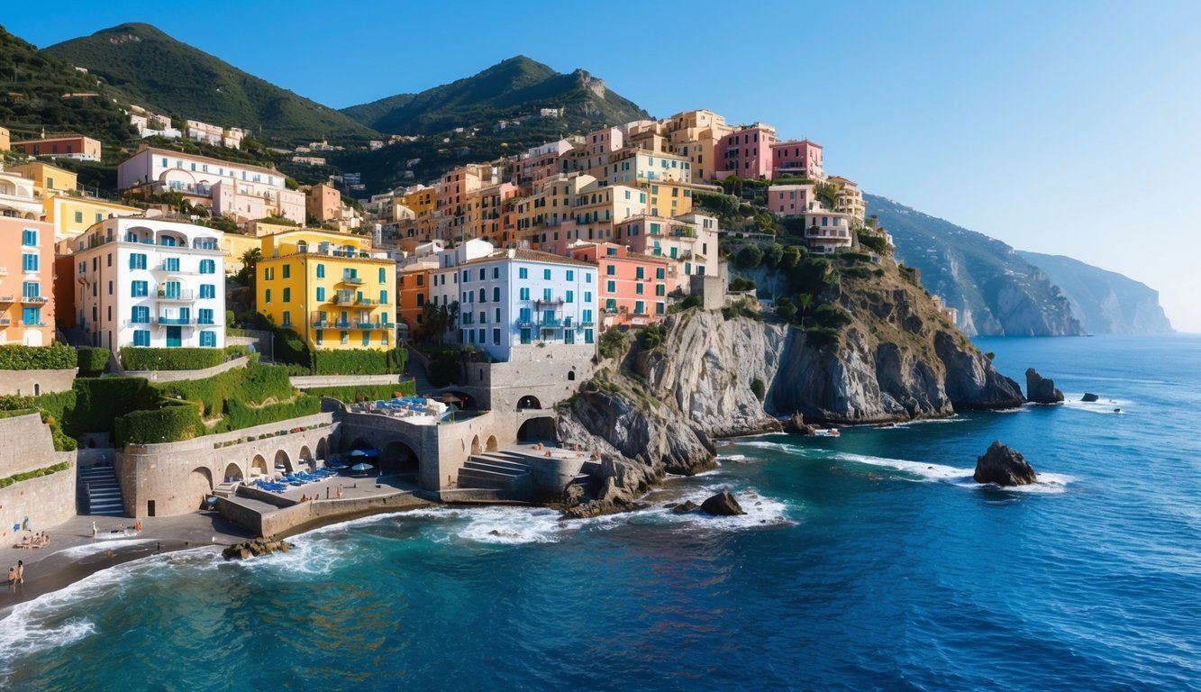 A coastal view of Positano, Italy, with five colorful hotels perched on the cliffs, overlooking the sparkling blue waters of the Mediterranean Sea