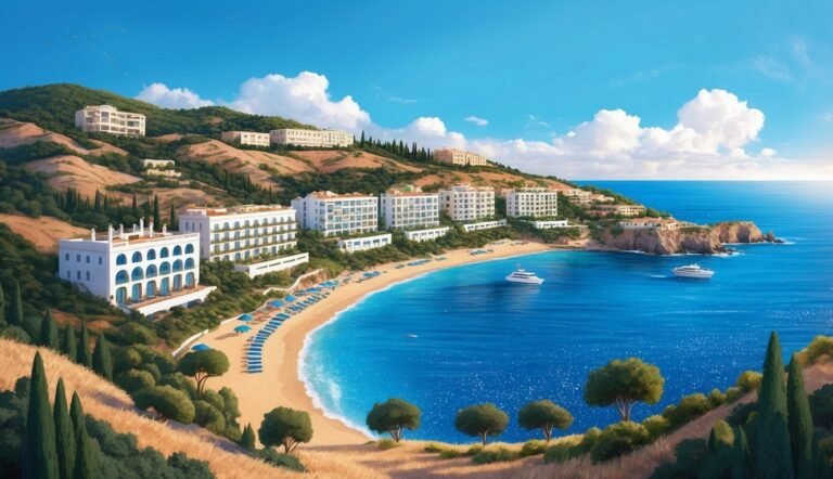 Coastal resort with hotels, beach, yachts, and blue water under a sunny sky