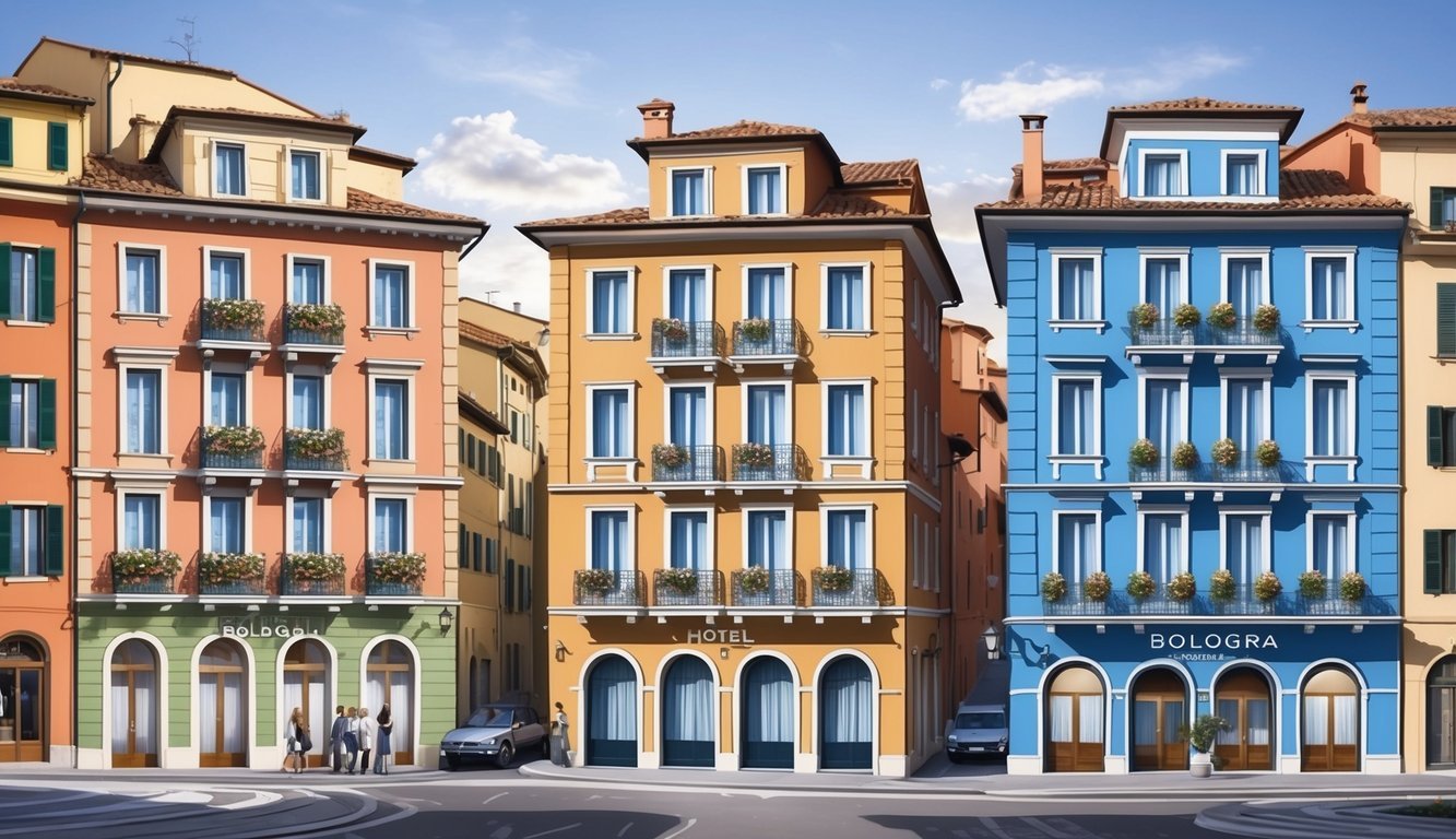 Three charming hotels nestled in the heart of Bologna, Italy.</p><p>Each hotel exudes its own unique charm, with colorful facades and quaint balconies overlooking the bustling streets