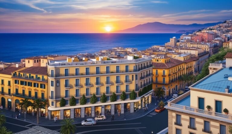 Coastal city at sunset with buildings, ocean, and mountain in background