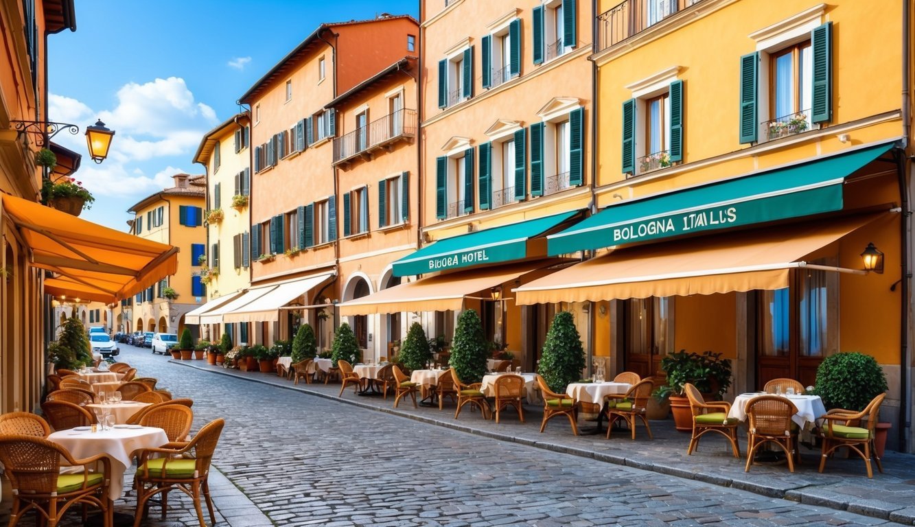 Three charming hotels nestled in a bustling street in Bologna, Italy.</p><p>Outdoor cafes and local trattorias line the cobblestone road, with colorful awnings and cozy outdoor seating