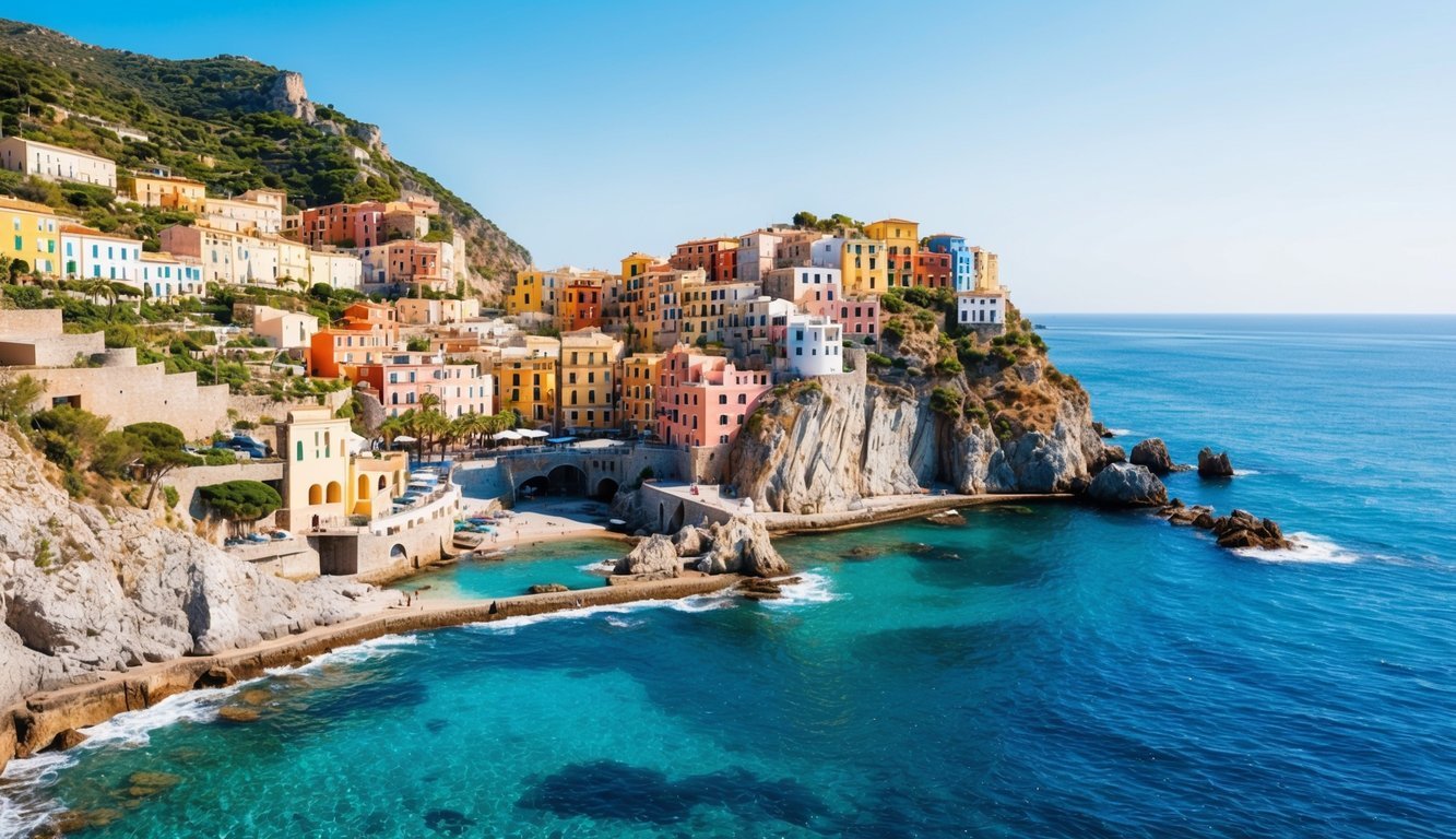 A picturesque coastline with colorful buildings perched on cliffs, overlooking the crystal-clear waters of the Mediterranean Sea