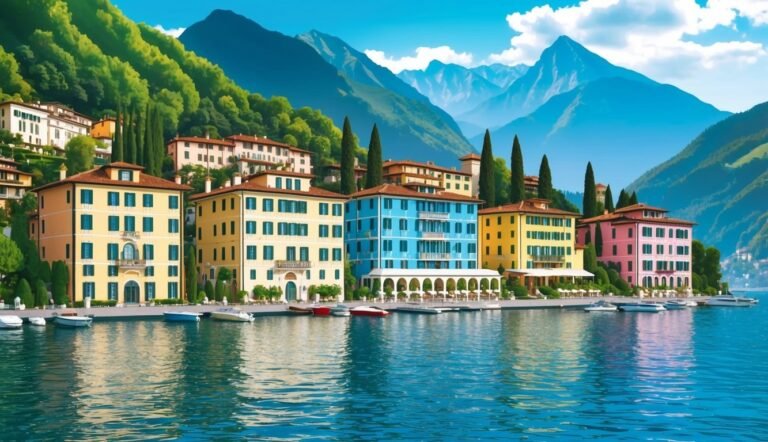Colorful buildings on a lake with mountains in the background