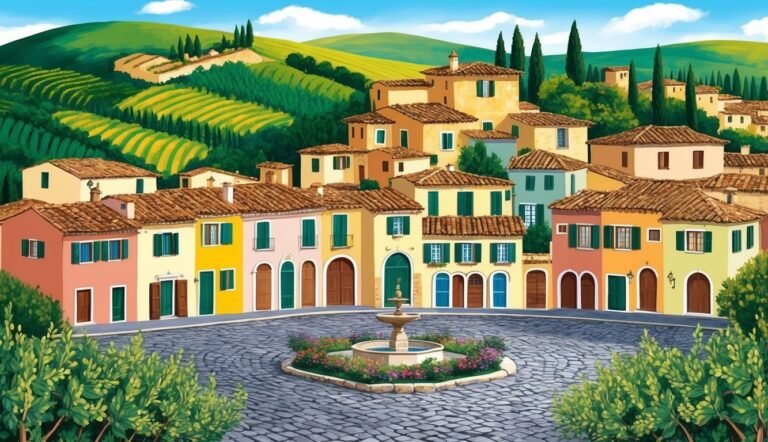 Colorful Italian village with fountain in the center and rolling hills