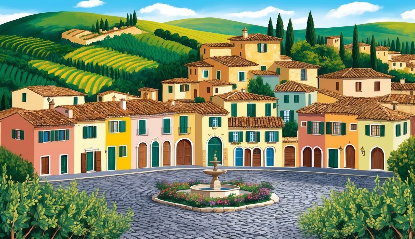 Colorful Italian village with fountain in the center and rolling hills