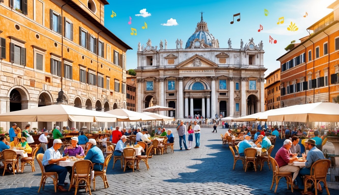 A bustling piazza in Rome, with historic architecture, outdoor cafes, and lively street vendors, surrounded by the sounds of Italian music and conversation