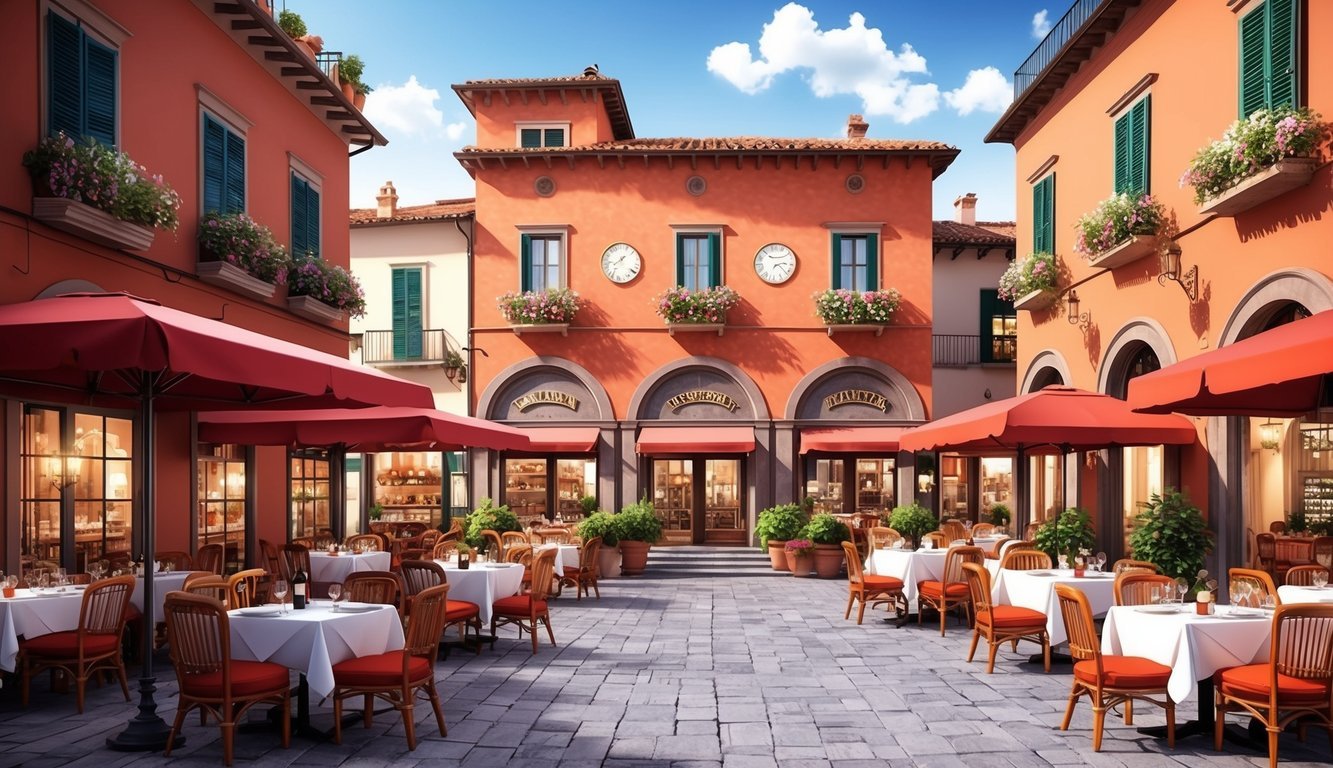 Italian restaurant with outdoor seating, red umbrellas, and orange buildings
