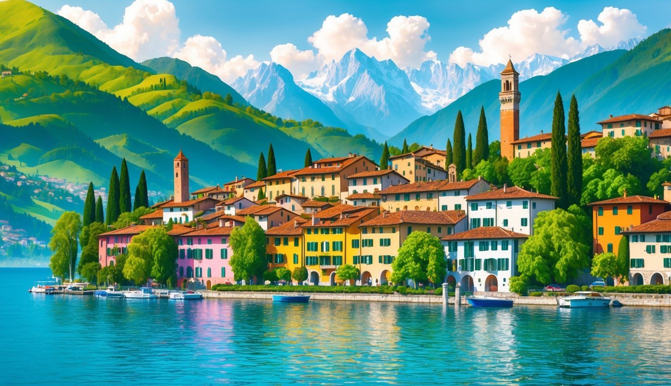 A picturesque village nestled on the shores of Lake Como, with colorful buildings and lush greenery, surrounded by the majestic Italian Alps