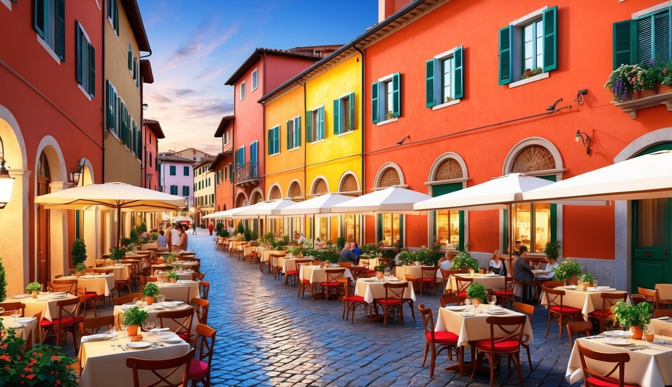 A bustling Italian piazza lined with colorful, charming restaurants serving up traditional and mouthwatering dishes