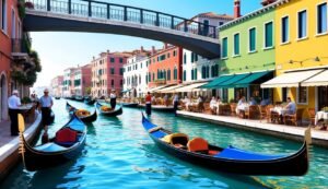 Venice canal scene with gondolas, restaurants, and colorful buildings under a bridge