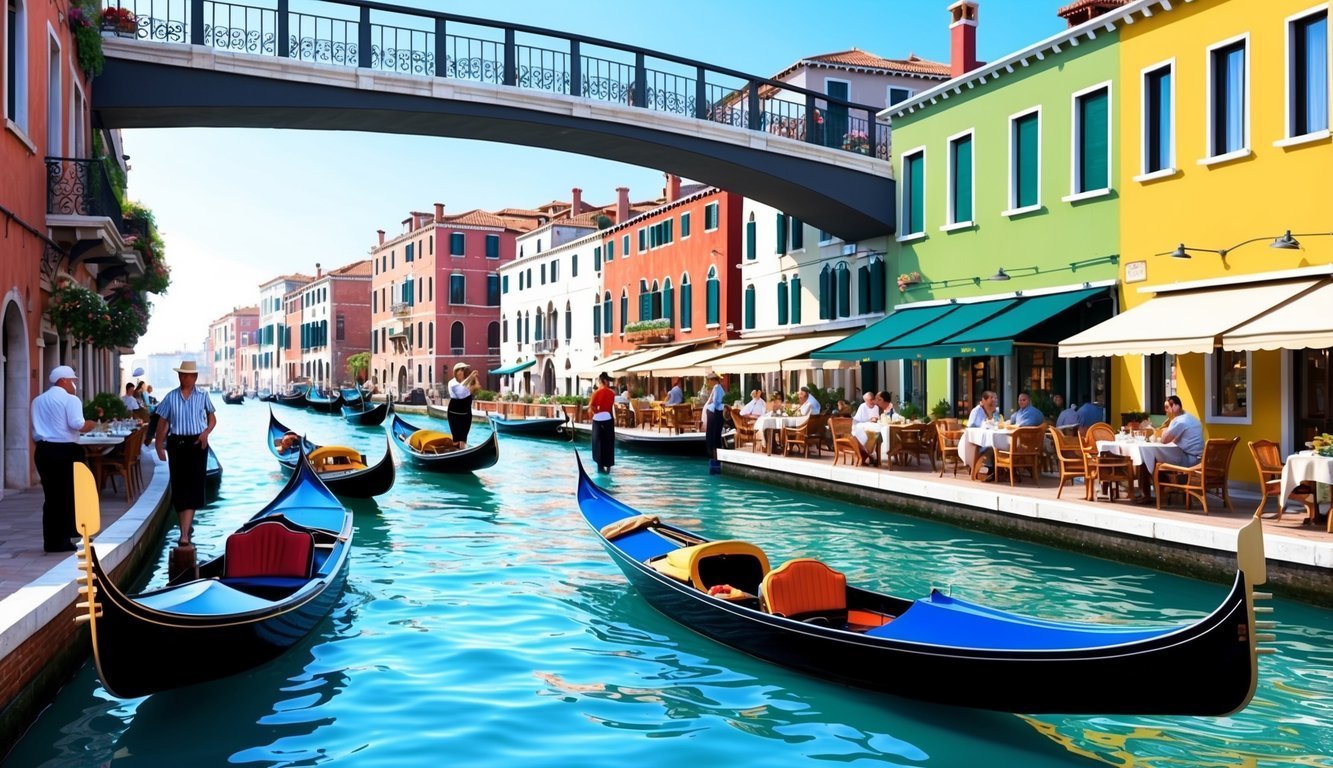 Venice canal scene with gondolas, restaurants, and colorful buildings under a bridge
