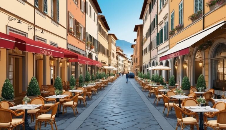European street with restaurants, awnings, tables, chairs, and cobblestone road