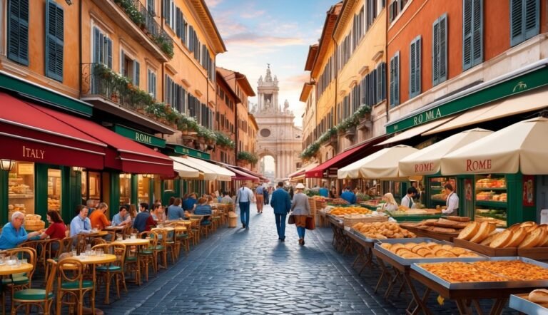 Street scene in Rome with shops, restaurants, and people walking