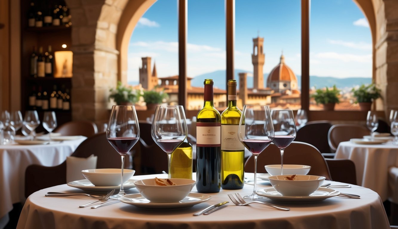 A table set with wine glasses and bottles, surrounded by the ambiance of a top restaurant in Florence, Italy