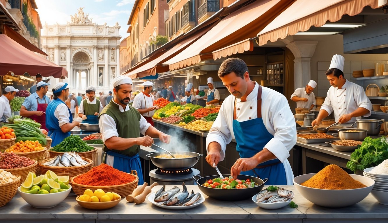 A bustling Roman marketplace with vendors selling fresh produce, seafood, and spices.</p><p>A chef expertly prepares traditional Roman dishes in a busy kitchen