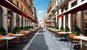 Outdoor restaurant with tables, awnings, and people walking down the street