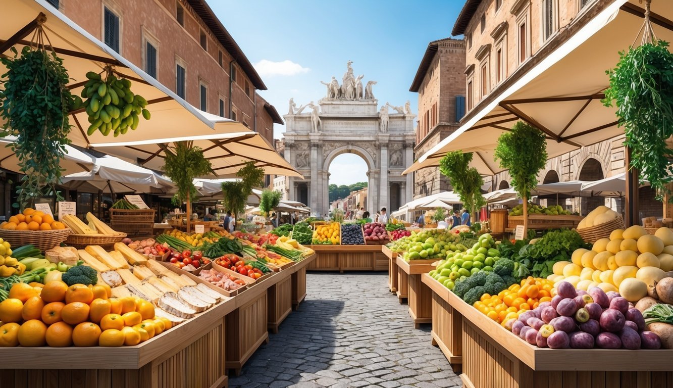 A bustling Roman market with colorful displays of fresh produce, artisan cheeses, cured meats, and fragrant herbs, set against a backdrop of ancient architecture