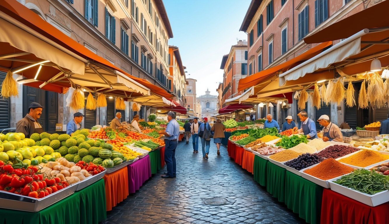 A bustling street market in Rome, with colorful stalls selling fresh produce, aromatic spices, and traditional Italian delicacies