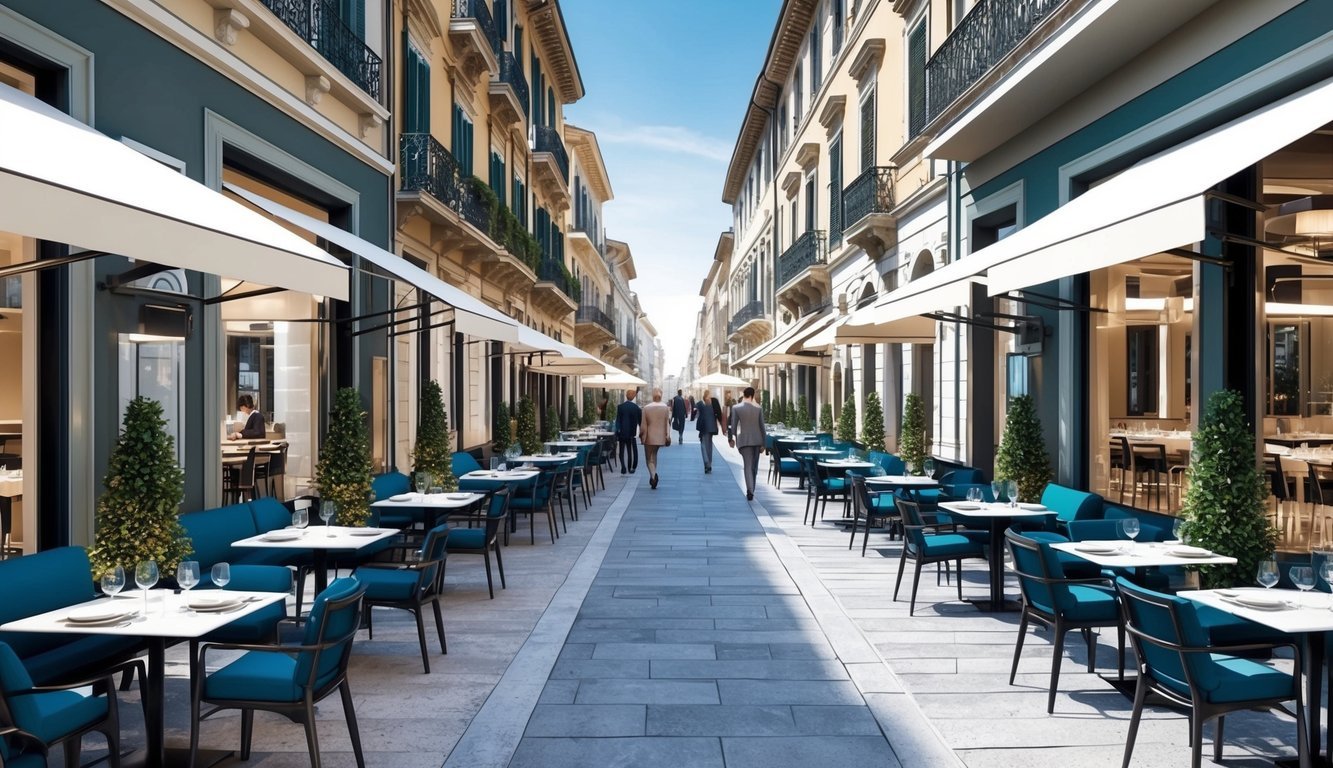 The bustling streets of Milan are lined with chic, modern restaurants, their sleek exteriors and stylish outdoor seating areas exuding an atmosphere of cosmopolitan sophistication
