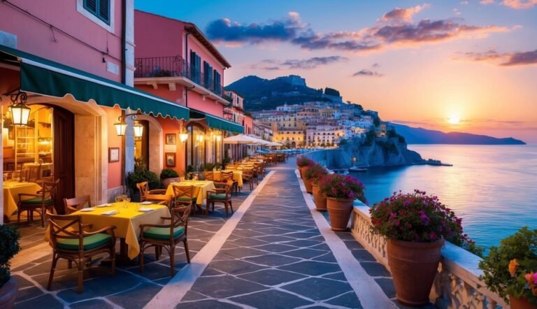 Restaurant patio overlooking the ocean at sunset, with a coastal town in the background