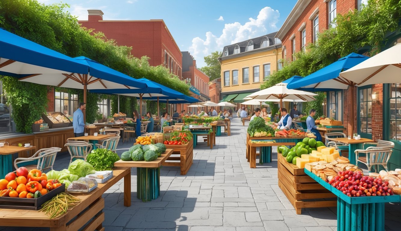 A bustling market with colorful produce, local cheeses, and fresh seafood.</p><p>Outdoor dining areas with recycled furniture and lush greenery
