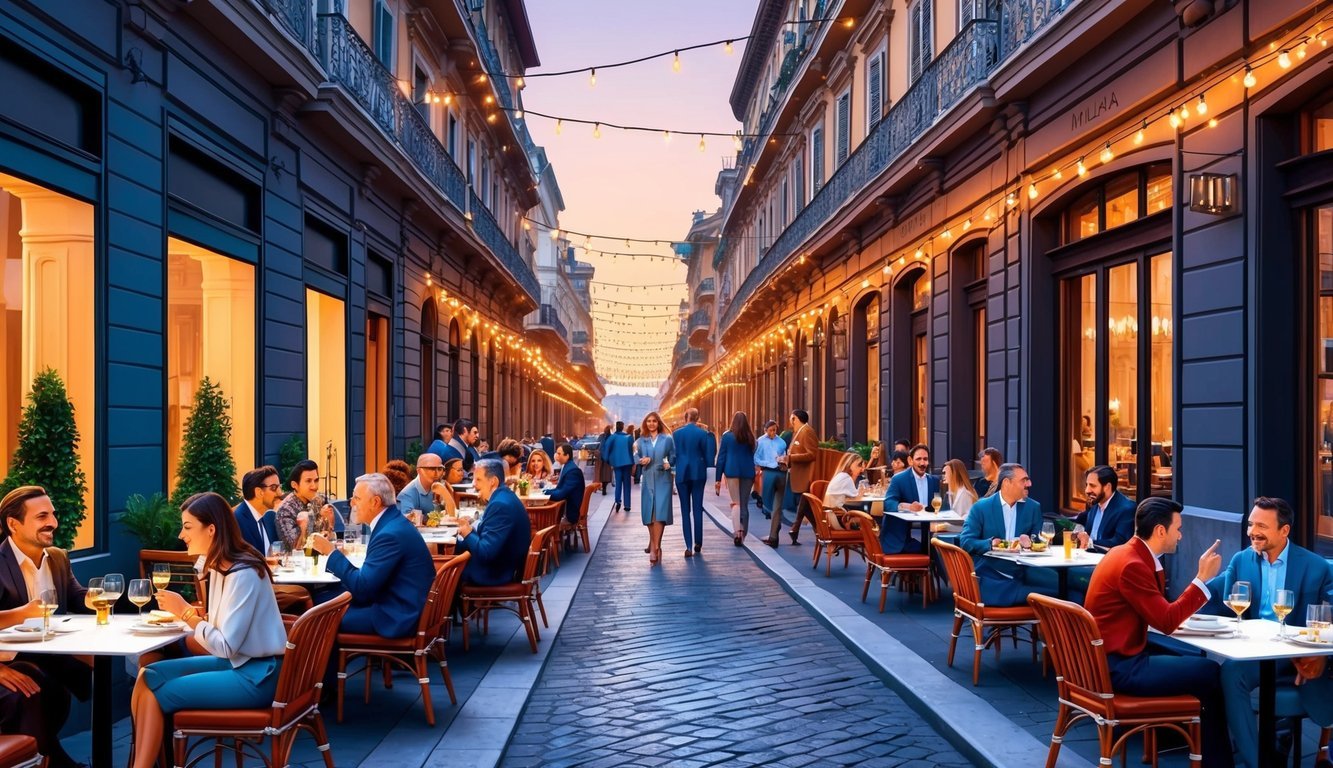 A bustling street in Milan, lined with stylish restaurants and outdoor seating, with people dining and chatting under the warm glow of string lights