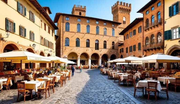 Cobblestone street with outdoor restaurants and historic buildings in Italy