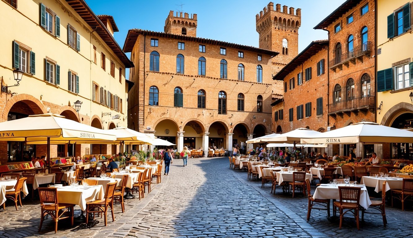 Cobblestone street with outdoor restaurants and historic buildings in Italy
