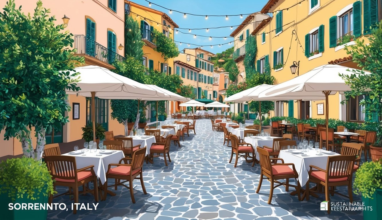 A bustling piazza in Sorrento, Italy.</p><p>Outdoor seating at 4 charming restaurants with lush greenery and twinkling string lights.</p><p>A focus on sustainable dining