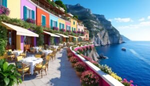Colorful cliffside restaurant overlooking the ocean with tables and flowers