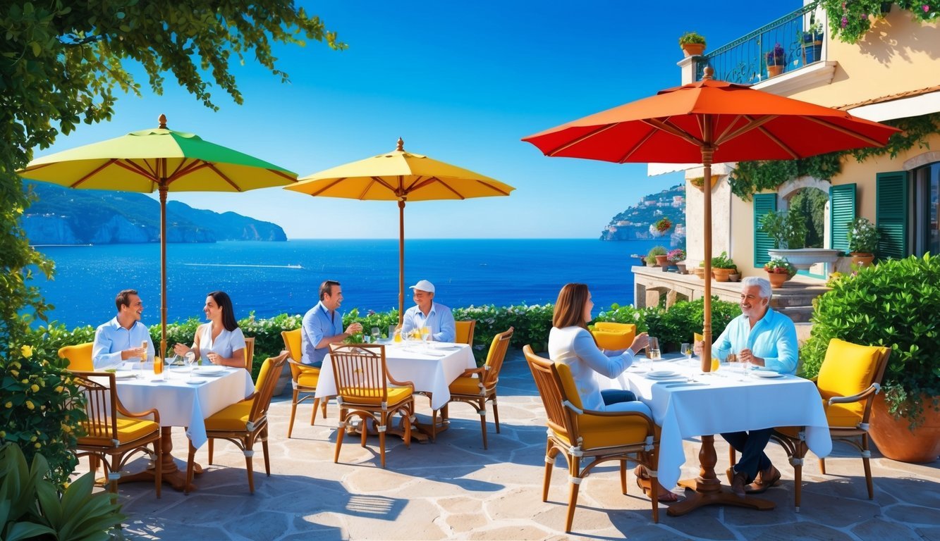 Four charming restaurants in Sorrento, Italy, with people dining and enjoying the ambiance.</p><p>Outdoor seating with colorful umbrellas, surrounded by lush greenery and overlooking the sparkling blue sea