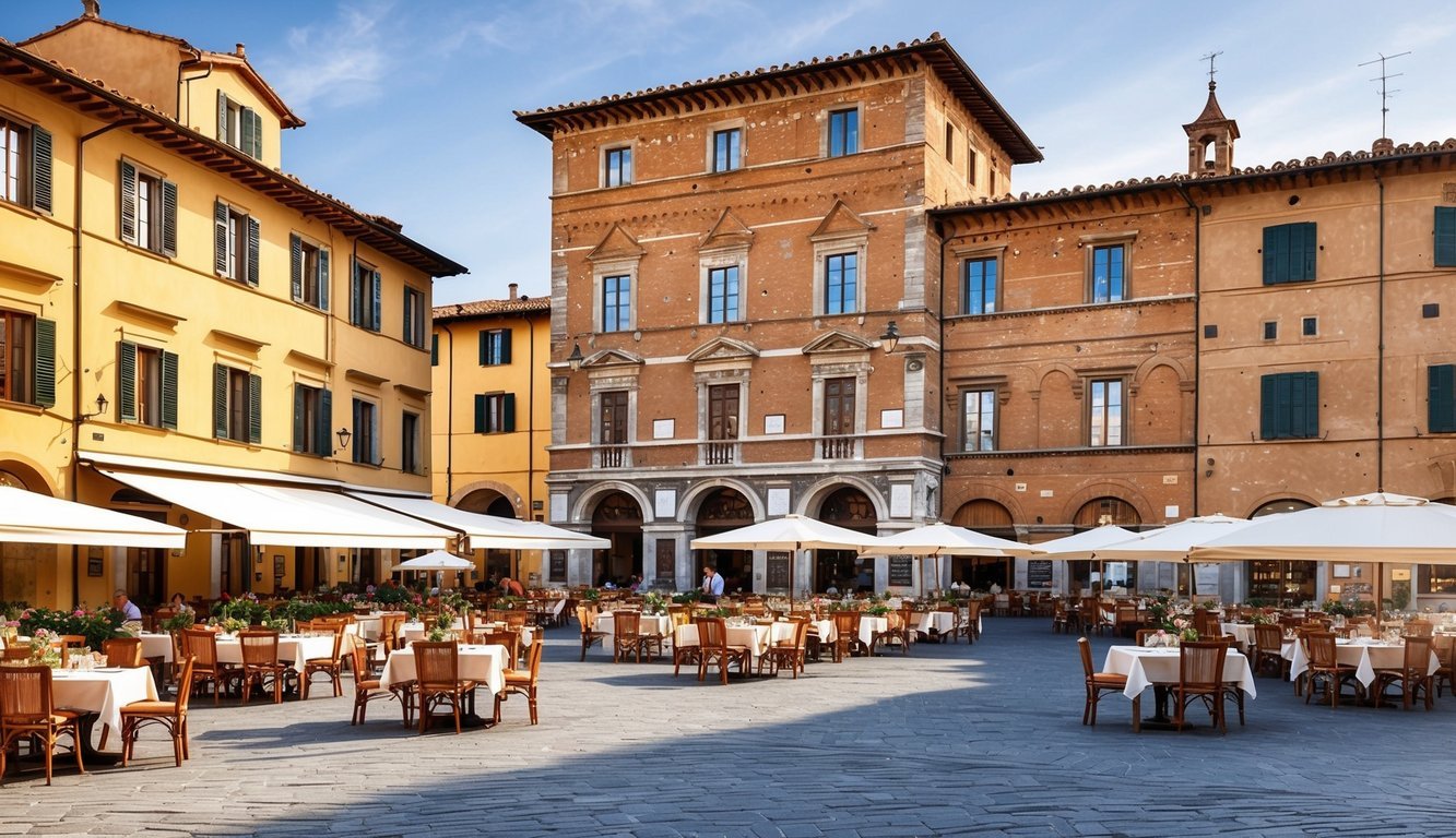 A bustling square in Siena, Italy, with three charming historic restaurants, each with outdoor seating and traditional Tuscan architecture