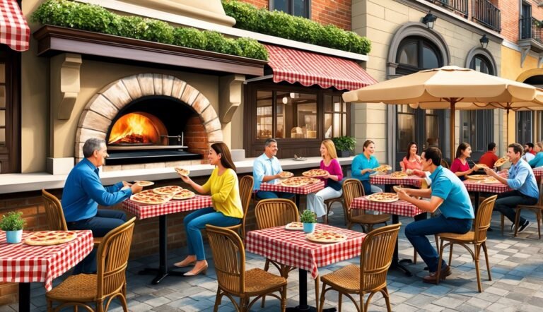 People eating pizza at an outdoor restaurant with a brick oven