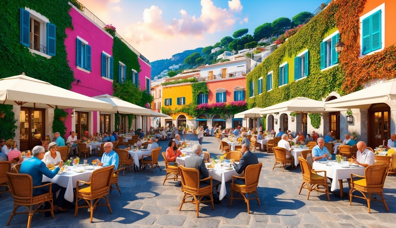 A bustling piazza surrounded by colorful, ivy-covered buildings, with outdoor cafes and restaurants filled with diners enjoying traditional Capri cuisine