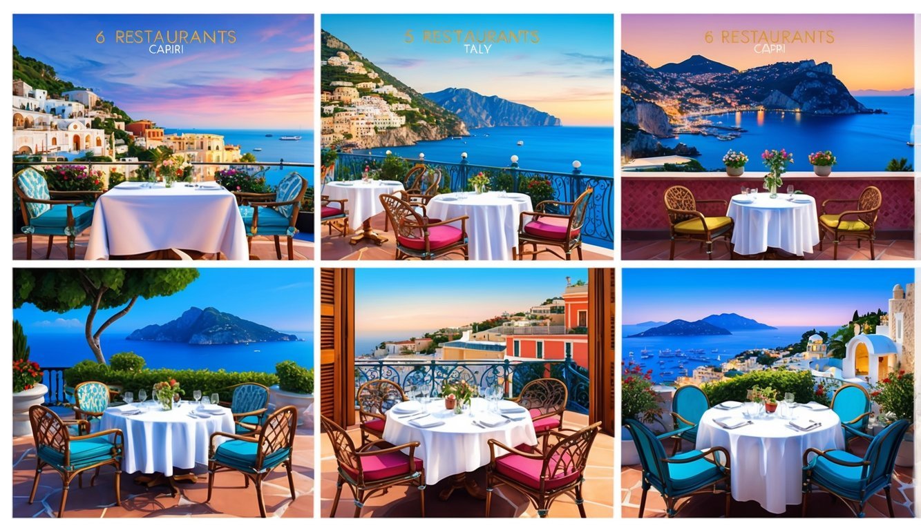 A picturesque scene of 6 restaurants in Capri, Italy, each with unique architectural features and stunning views of the surrounding landscape