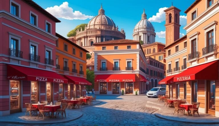 Italian street scene with pizza restaurants, red awnings, and domed buildings