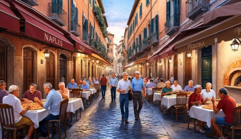 People eating pizza at outdoor restaurants in a European street