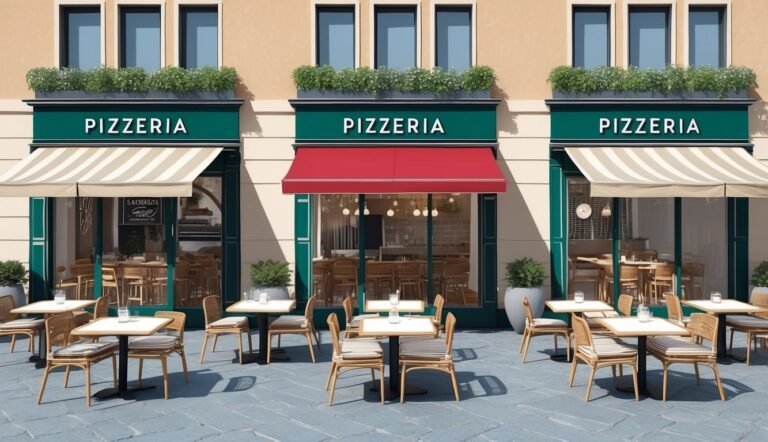 Exterior of three pizzerias with outdoor seating and awnings