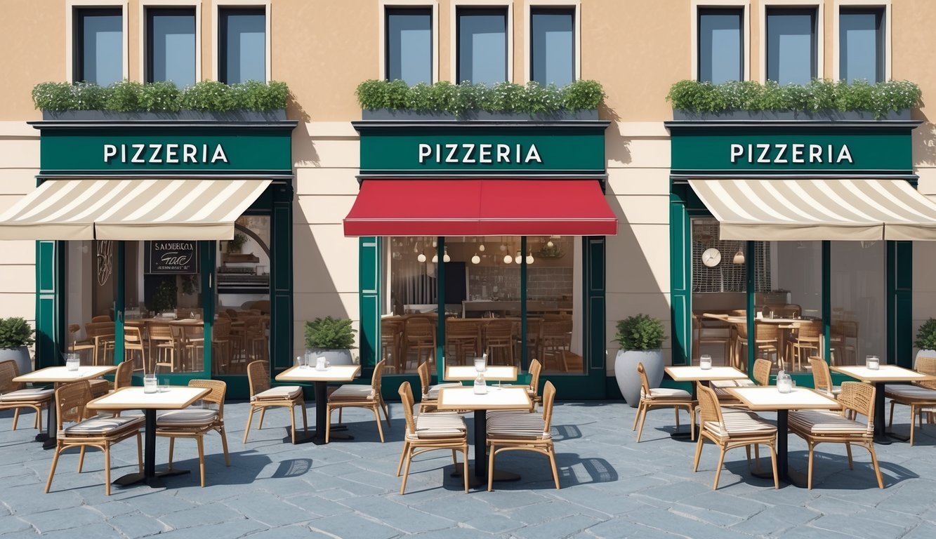 Exterior of three pizzerias with outdoor seating and awnings