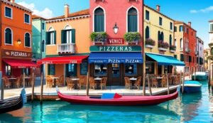 Venice canal with colorful buildings, pizza restaurants, and gondolas