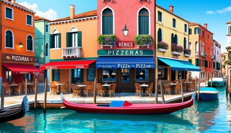 Venice canal with colorful buildings, pizza restaurants, and gondolas