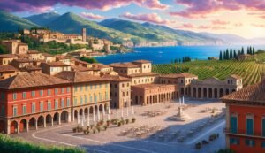 Coastal Italian town with colorful buildings, vineyards, and mountains