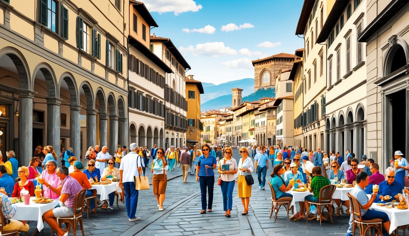 People walking and dining in a European city street with colorful buildings