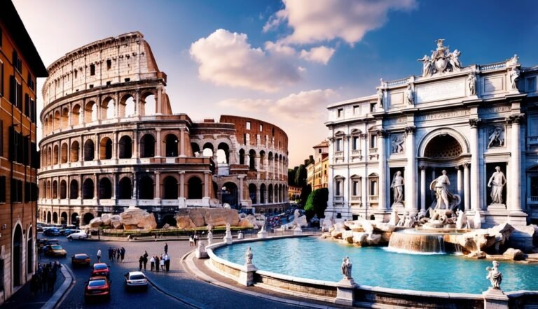 The Colosseum and Trevi Fountain in Rome, Italy, under a blue sky