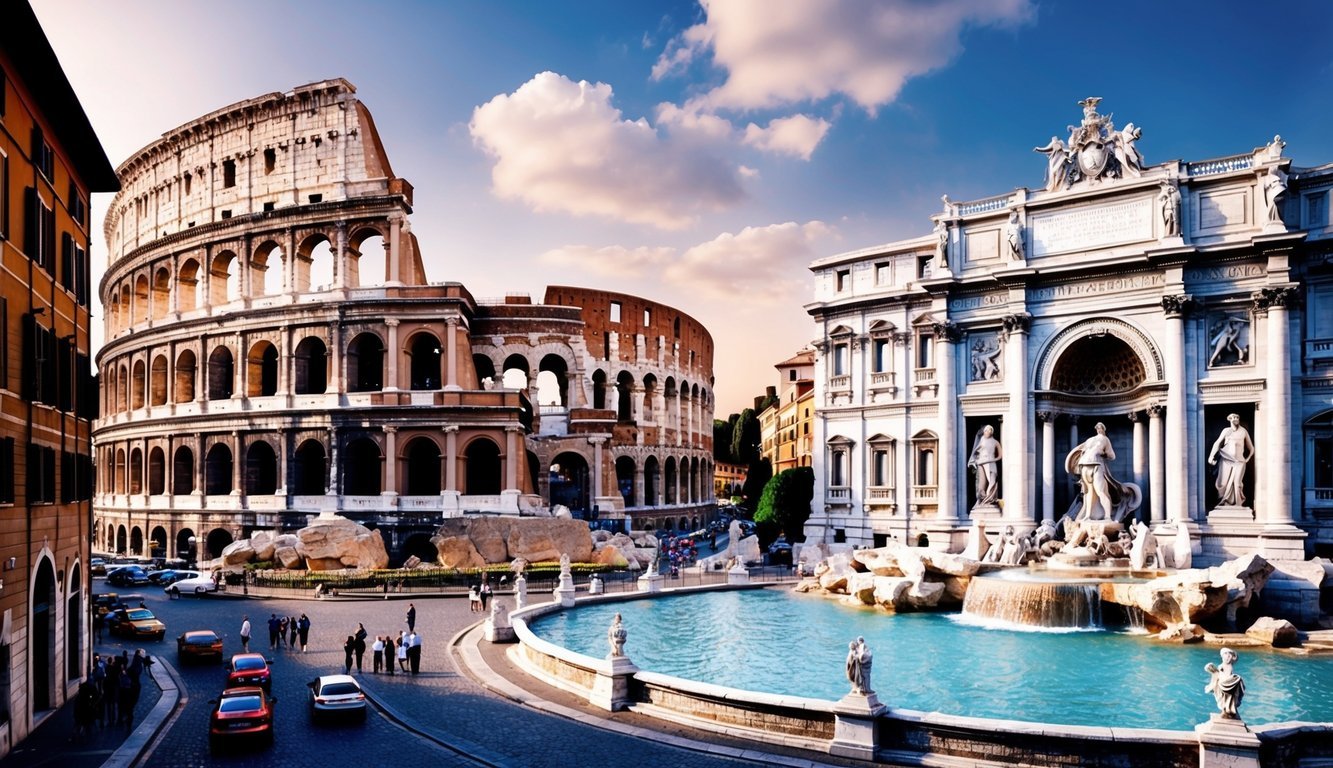 The Colosseum and Trevi Fountain in Rome, Italy, under a blue sky