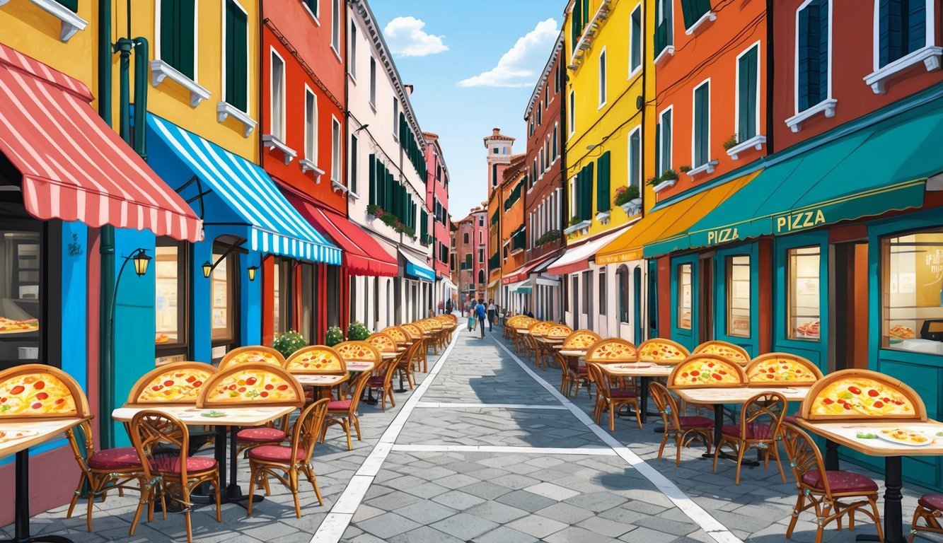 A bustling Venice street lined with colorful pizzerias, each with its own unique flair and culinary influences, showcasing the rich pizza traditions of the city